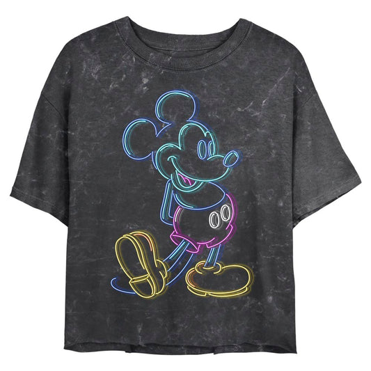 Junior's Disney Neon Mickey Mouse Outline Mineral Wash Crop Top