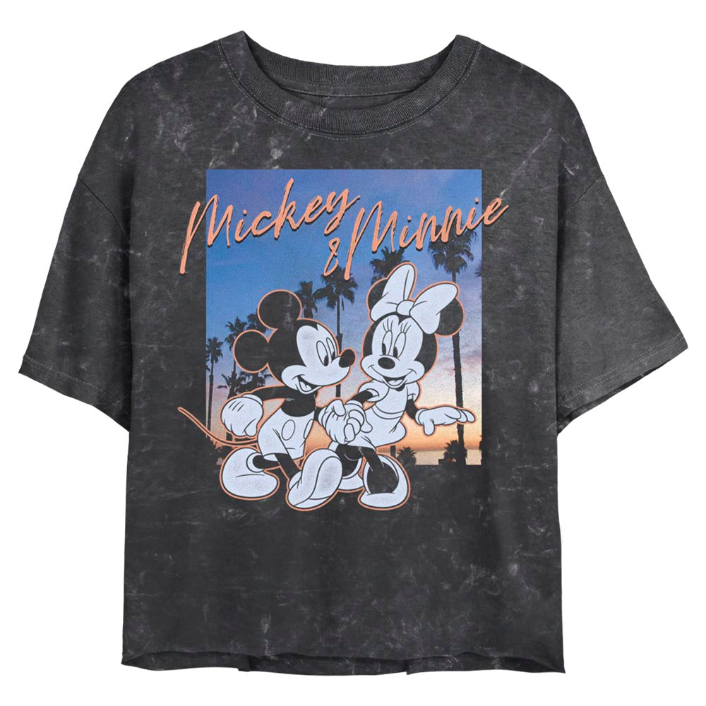 Junior's Disney Sunset Palm Trees Mickey and Minnie Mineral Wash Crop Top